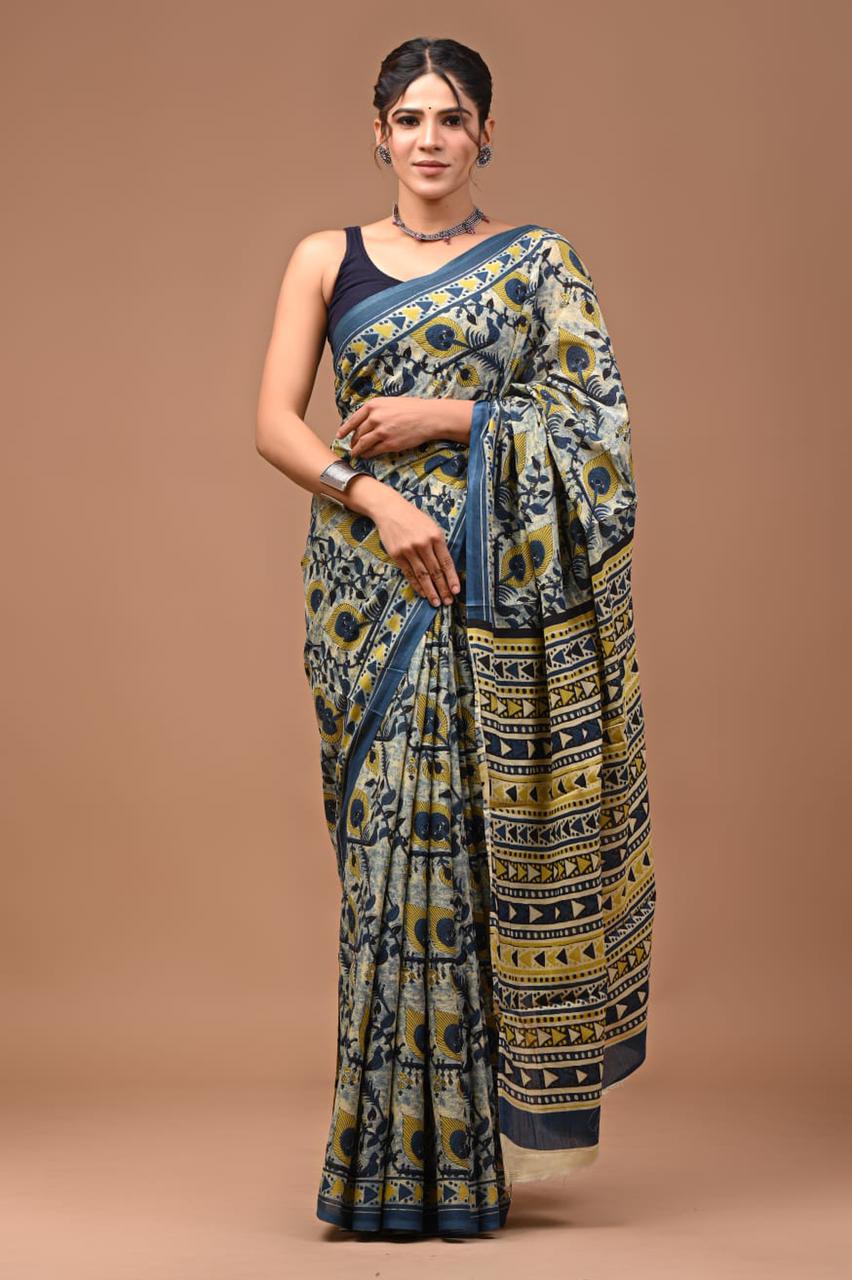 Pure Cotton Block Print Bagru Saree(Ferozi)