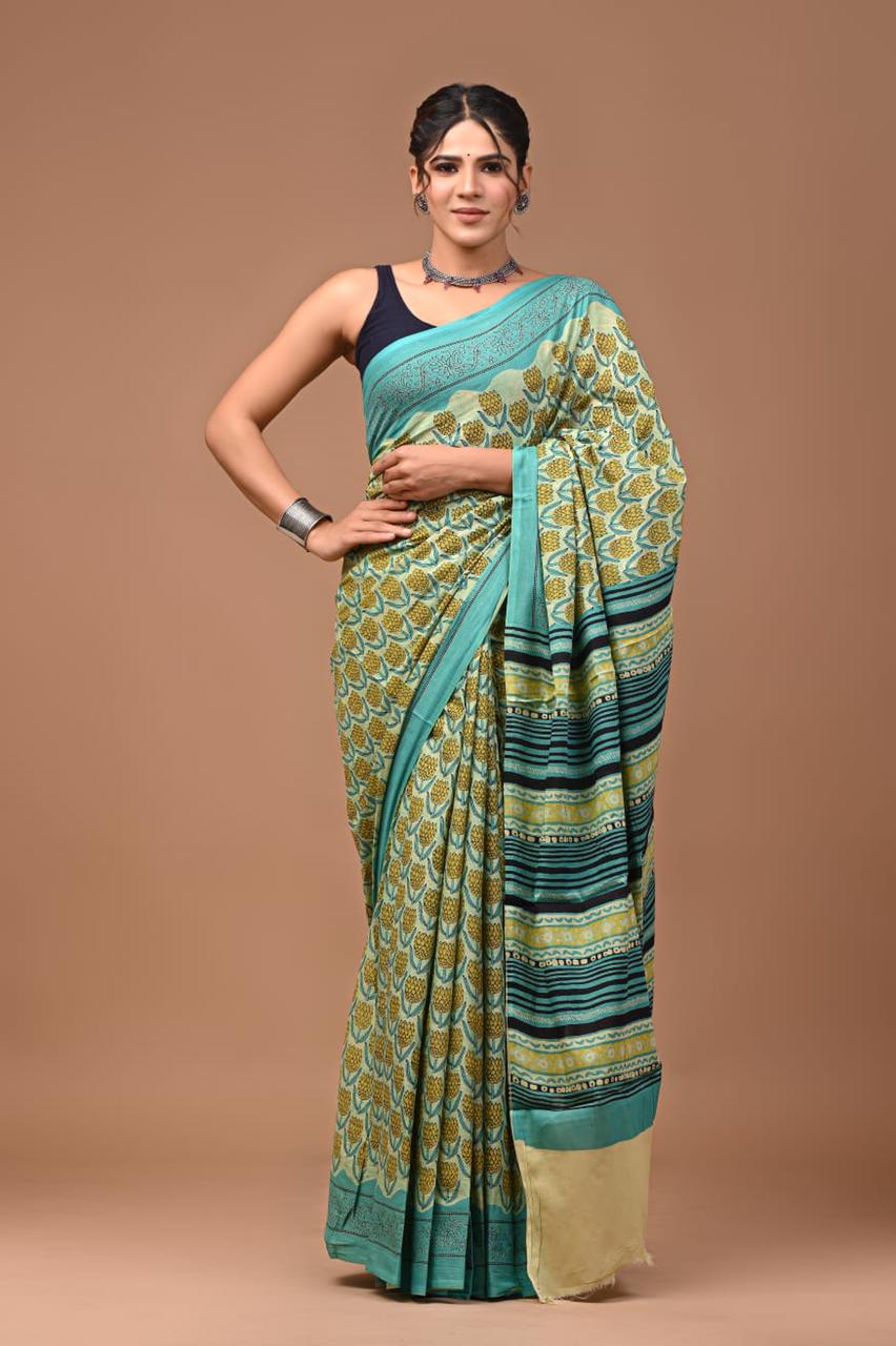 Pure Cotton Block Print Bagru Saree (MariGreen)