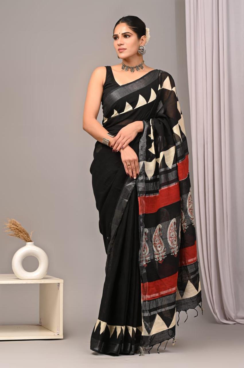 Pure Cotton Block Print Bagru Saree (Symmetry)