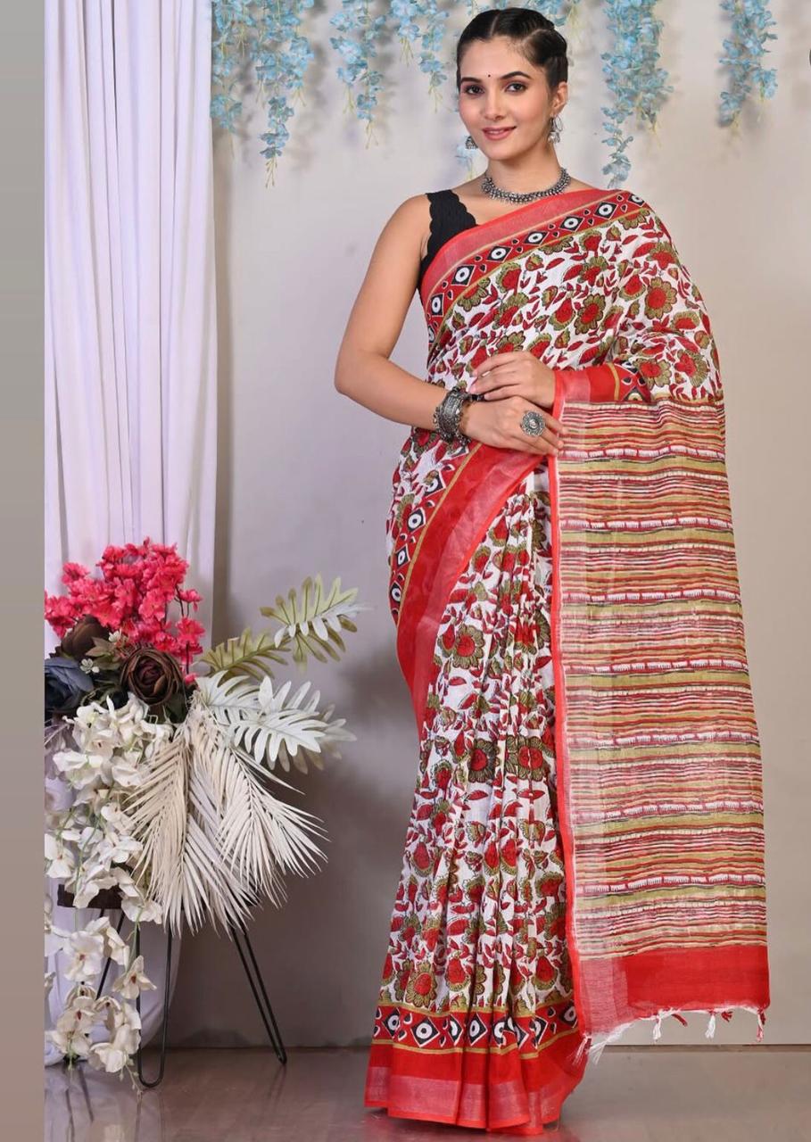 Pure Cotton Block Print Bagru Saree(White)