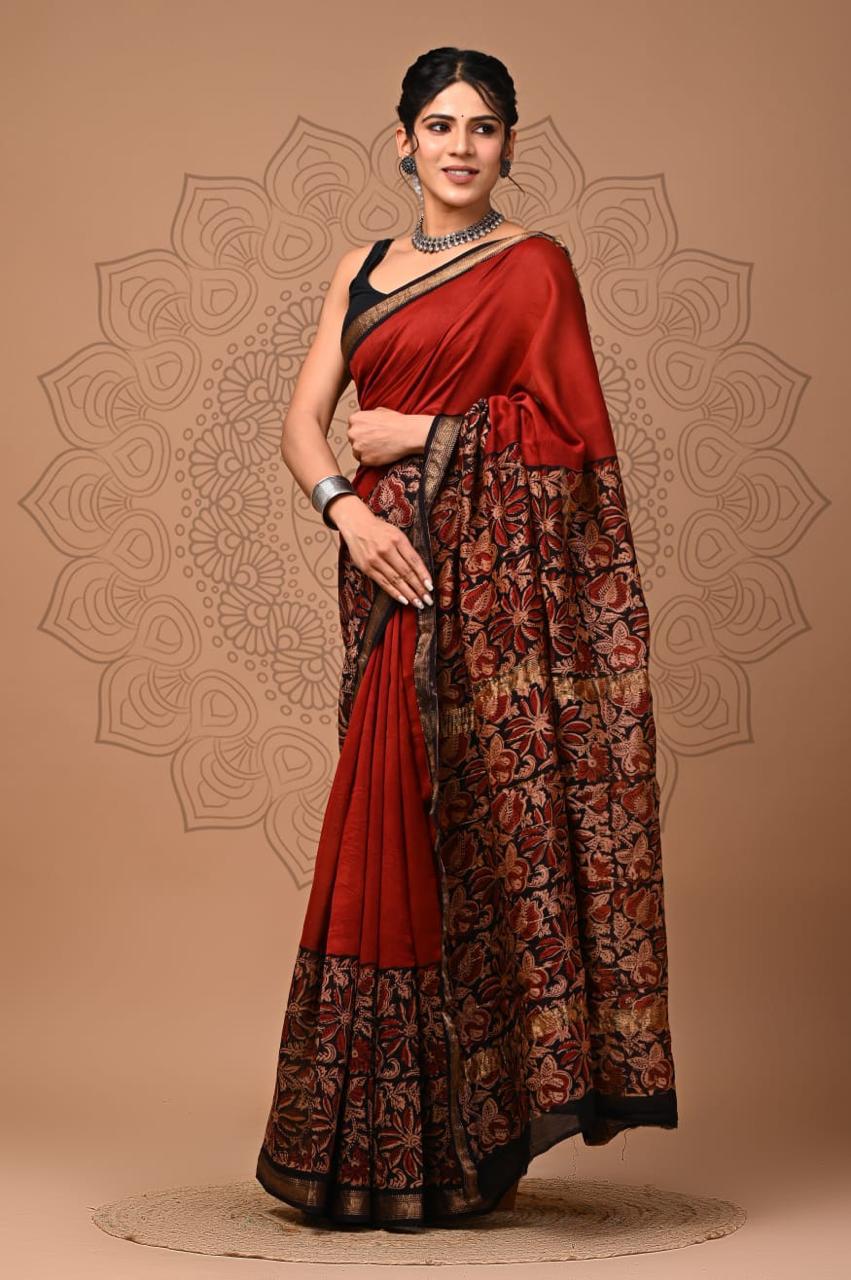 Pure Cotton Block Print Bagru Saree (Red Half)