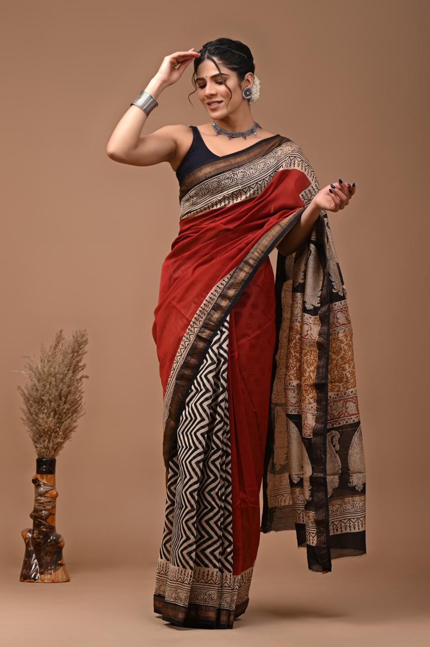 Pure Cotton Block Print Bagru Saree (Red Bouquet)